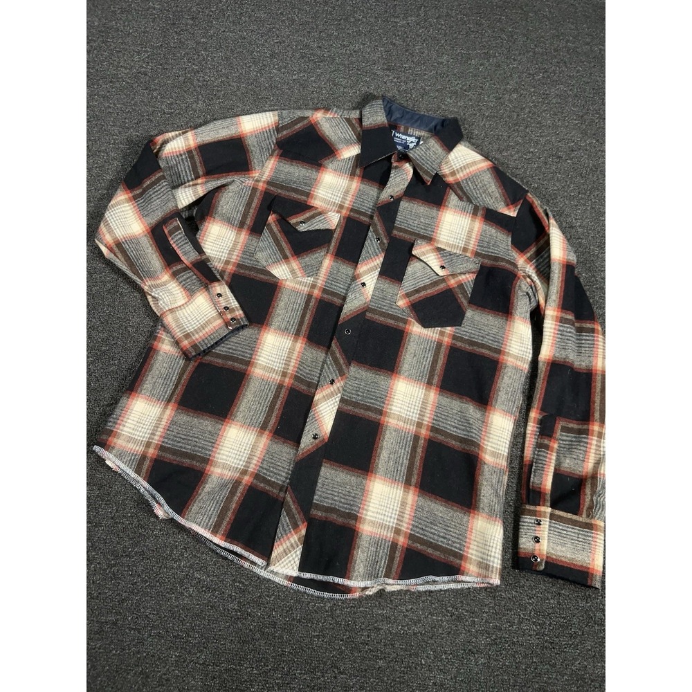 Vintage Wrangler Pearl Snap Shirt Mens 17 34 Wool Western Plaid USA Made 70s